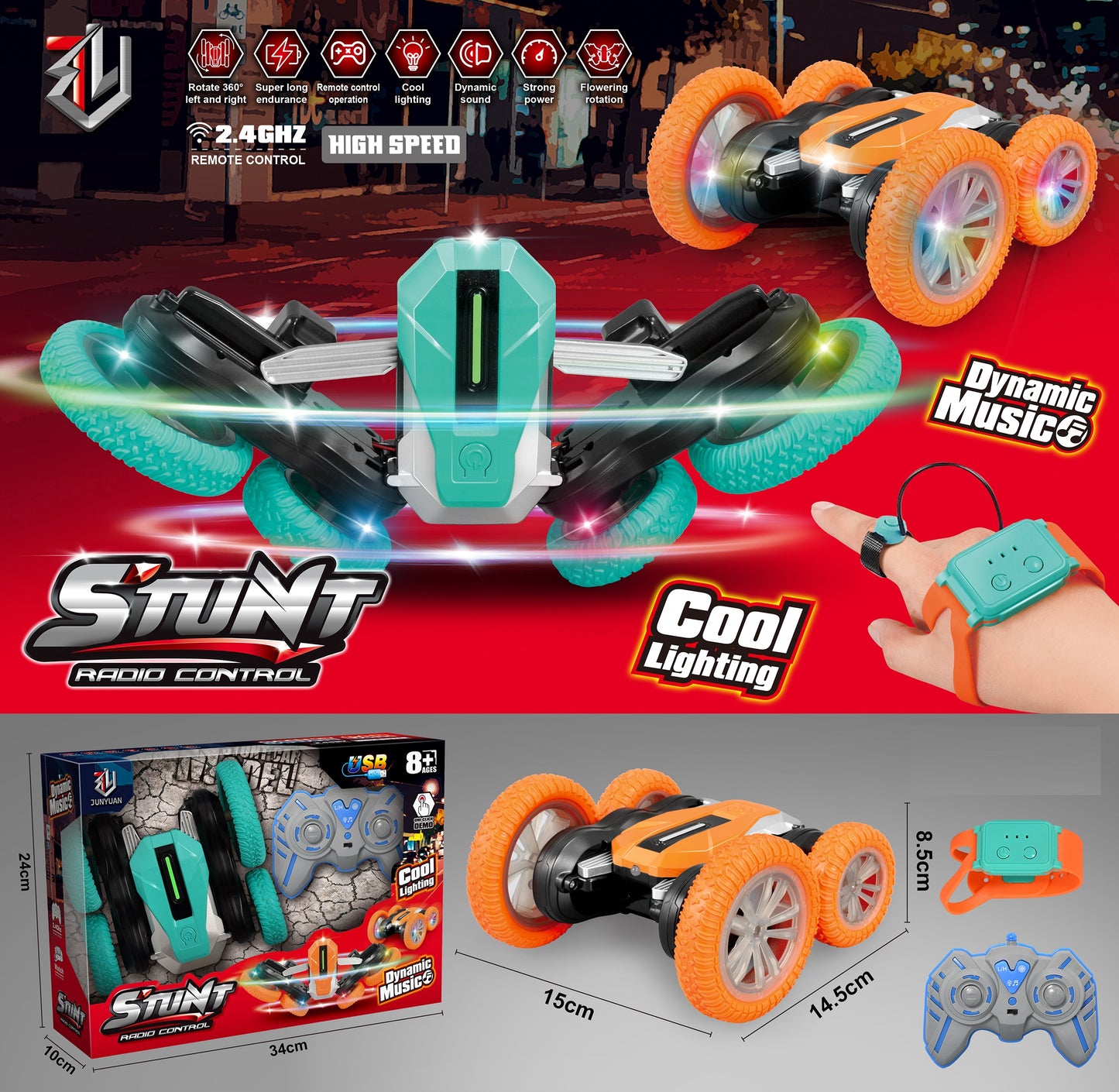 Stunt RC Car Playset 360° Flips, Lights & Music (Assorted)