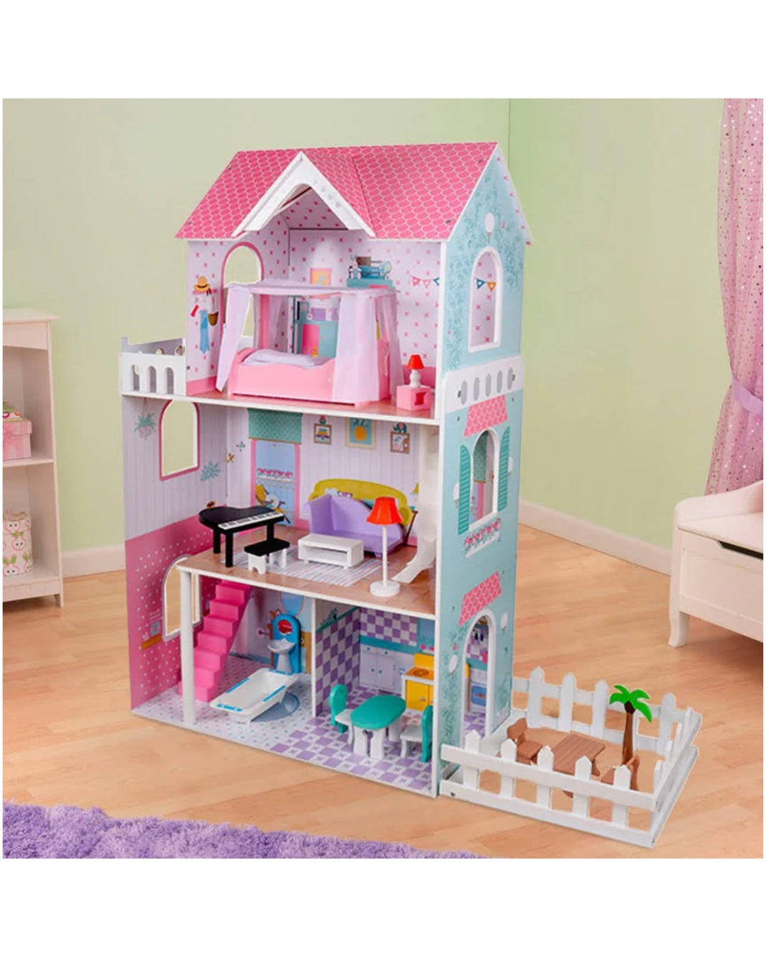 Wooden Dollhouse with Garden & Furniture Set