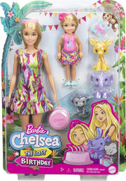 Barbie and Chelsea The Lost Birthday playset with two dolls in tropical outfits, giraffe, elephant and monkey figures, birthday cake, and wrapped gift accessories.