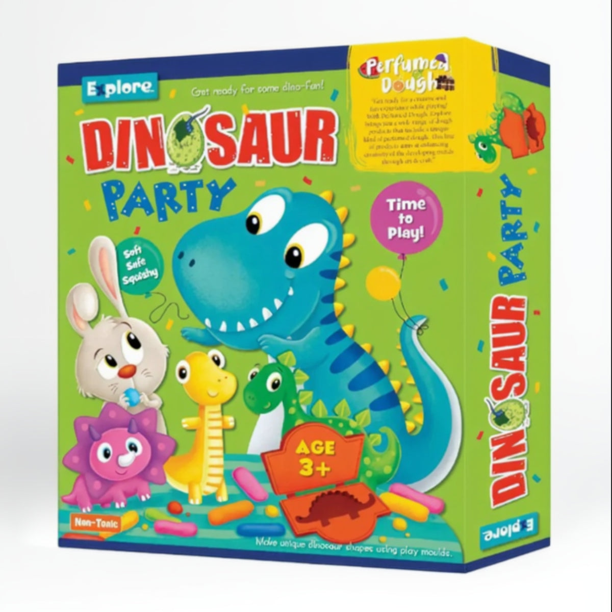 Dinosaur-themed playset packaging with dimensions indicated