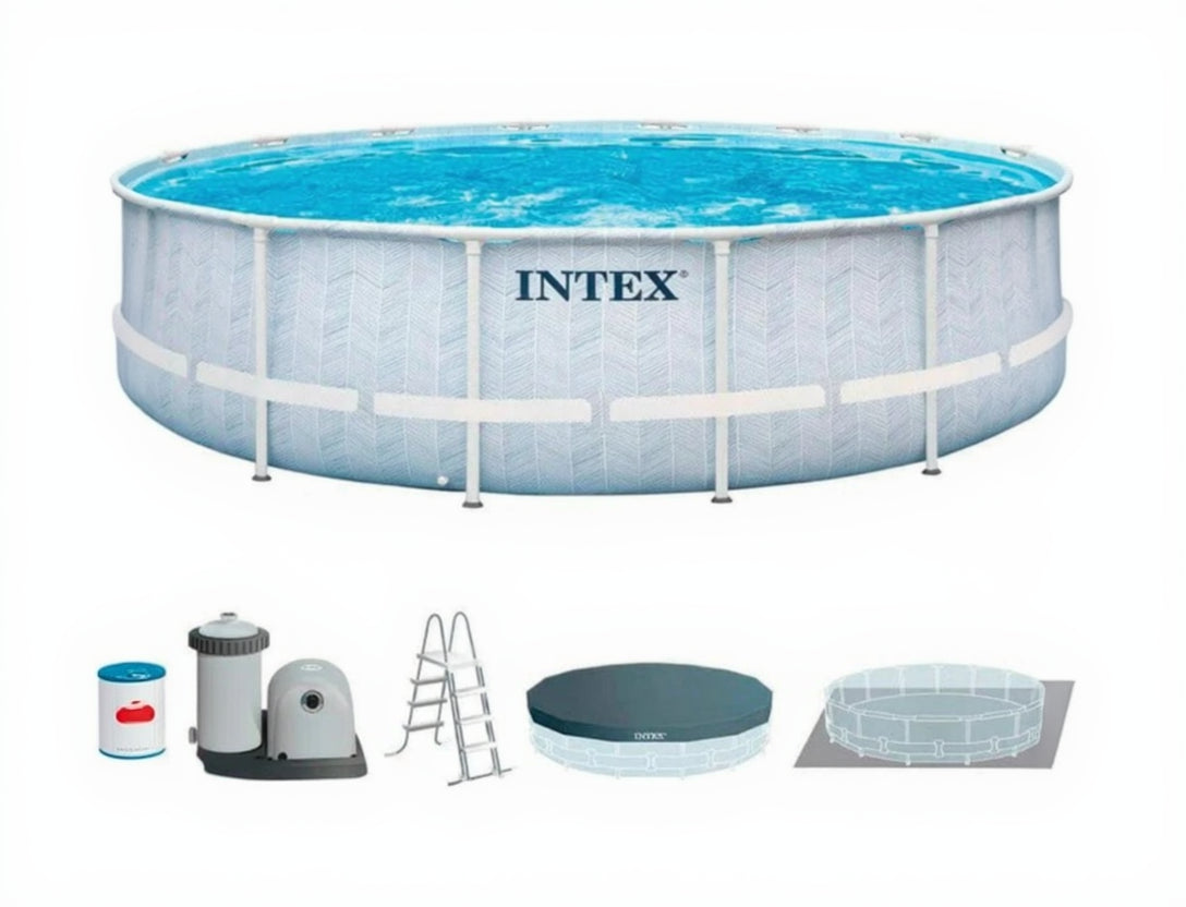Intex inflatable pool set with pump, ladder, and other accessories on a white background