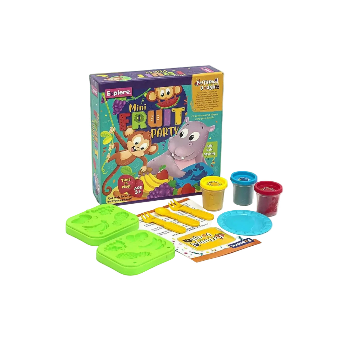 Children's playset with toy fruits, utensils, and a colorful box labeled 'Mini Fruit Party' on a white background.