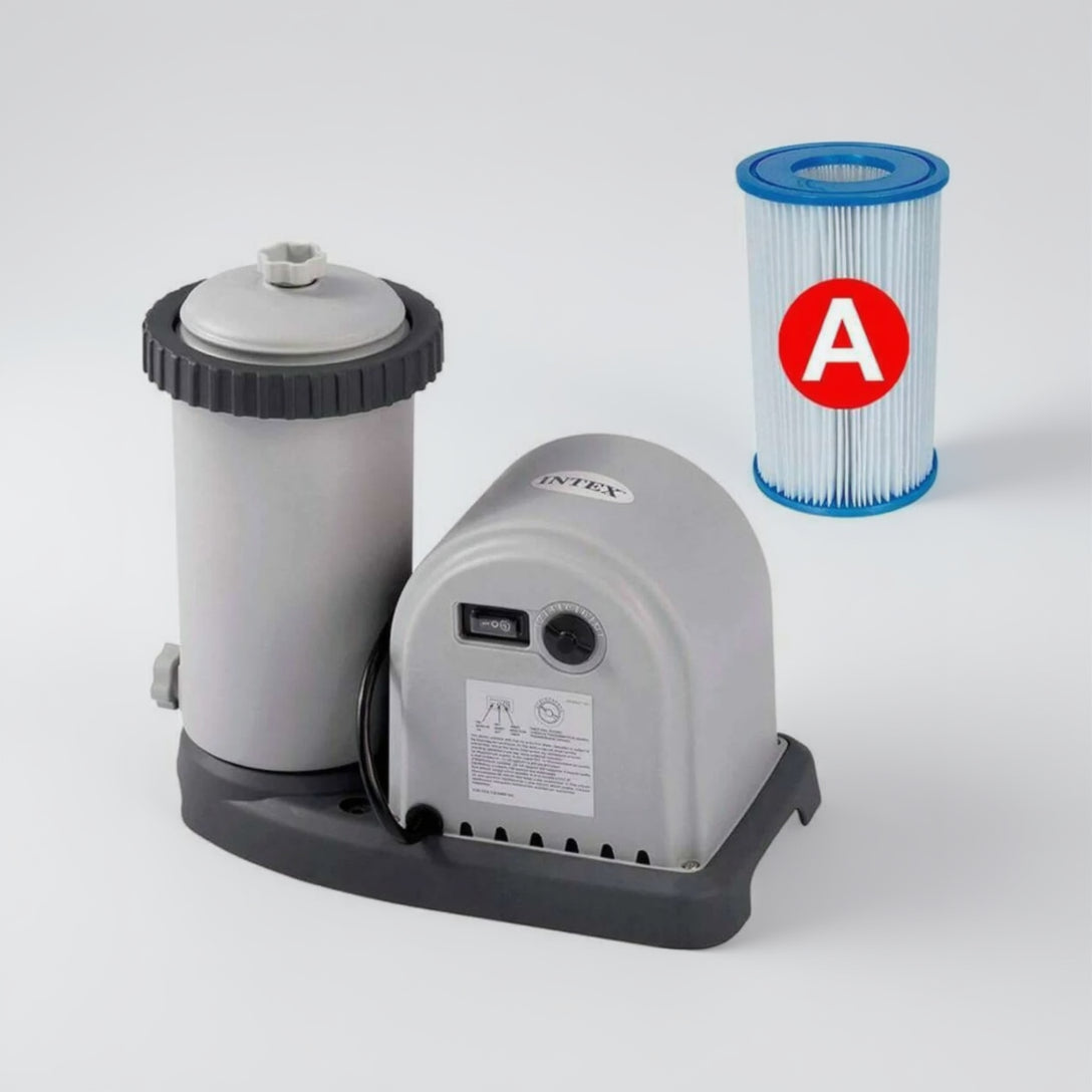 Pool filter system with a cartridge labeled 'A' on a white background