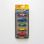 Teamsterz Street Machines Die-Cast 5-Pack featuring five assorted 3-inch toy cars with race, off-road, and city vehicle designs in retail packaging.