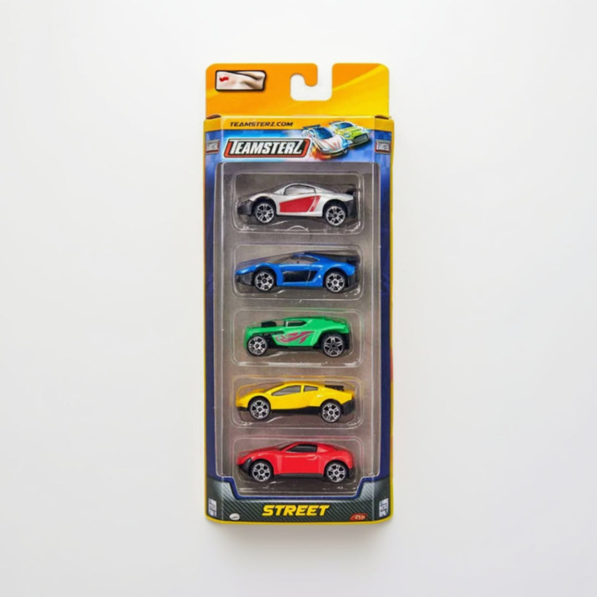 Teamsterz Street Machines Die-Cast 5-Pack featuring five assorted 3-inch toy cars with race, off-road, and city vehicle designs in retail packaging.