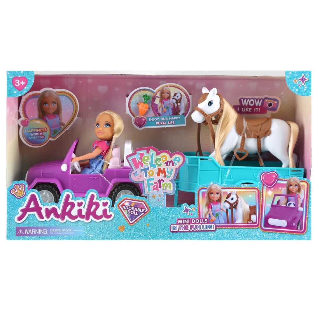 Ankiki Doll Set with Convertible Car & Horse Trailer