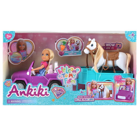 Ankiki Doll Set with Convertible Car & Horse Trailer