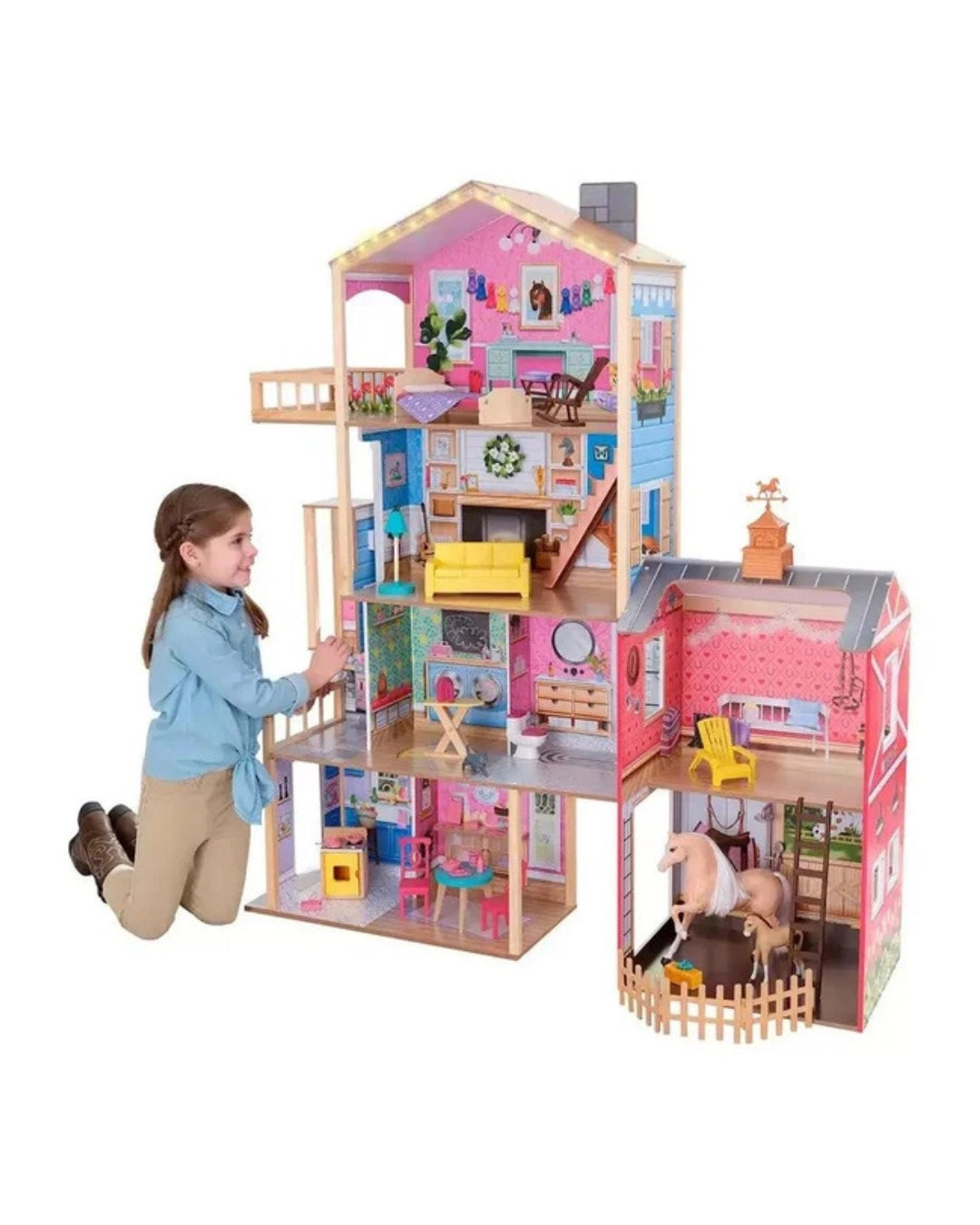 Wooden Dollhouse & Horse Barn Playset