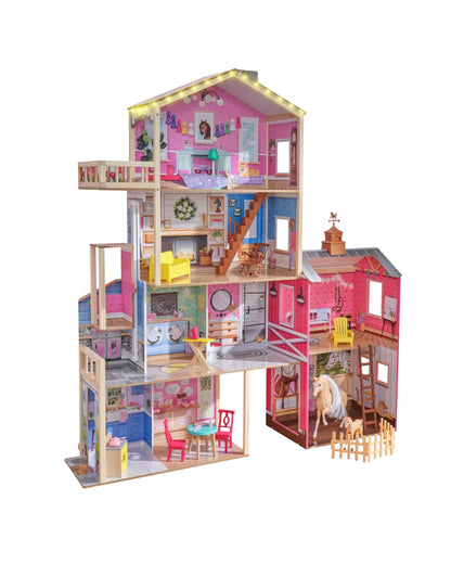 Wooden Dollhouse & Horse Barn Playset