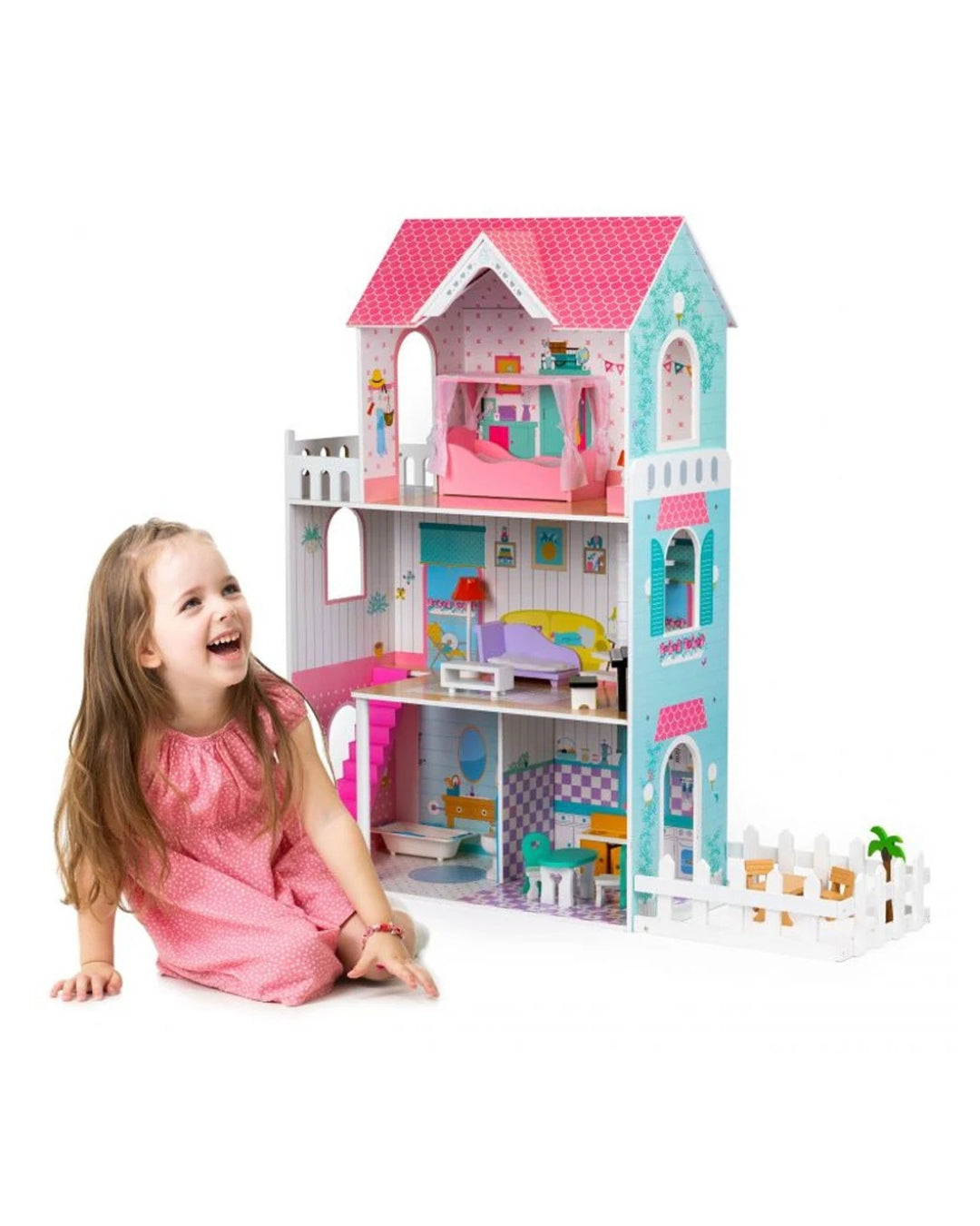 Wooden Dollhouse with Garden & Furniture Set
