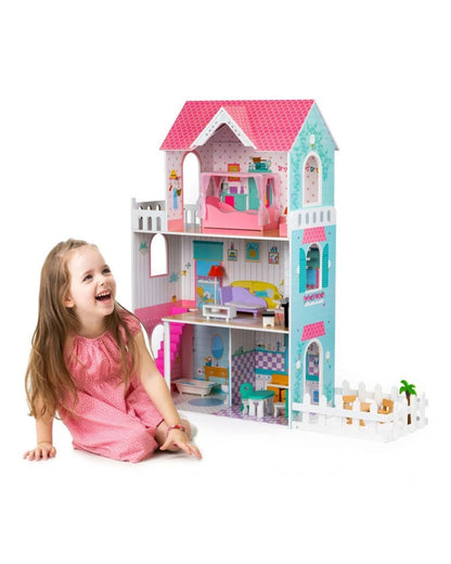 Wooden Dollhouse with Garden & Furniture Set