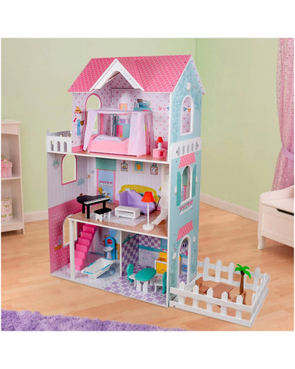 Wooden Dollhouse with Garden & Furniture Set