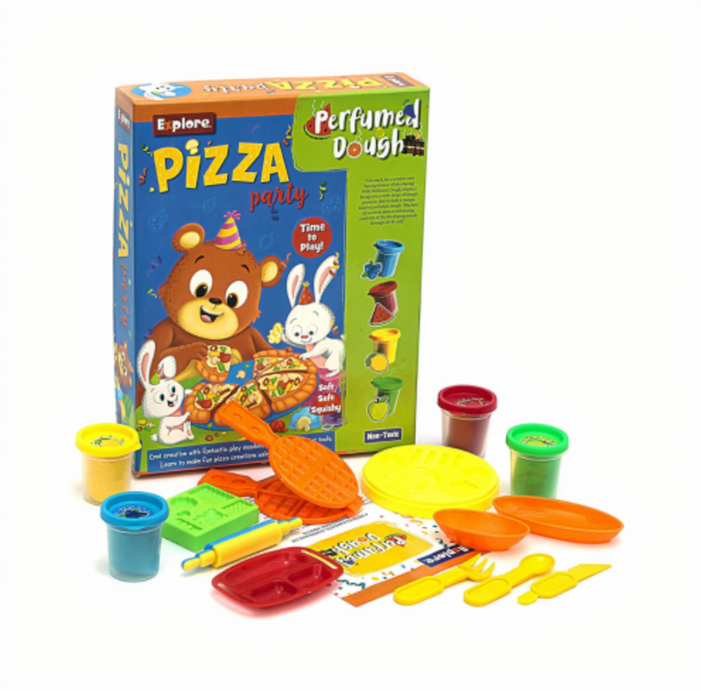 Perfumed dough kit with colorful packaging and play items on a white background