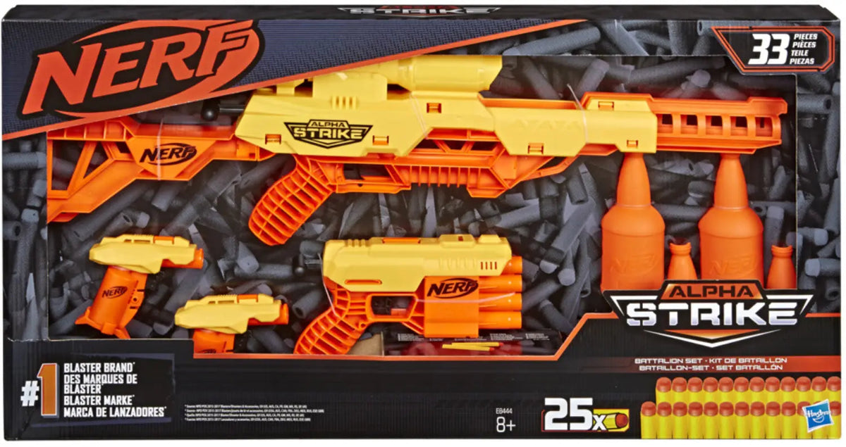 Nerf Alpha Strike Battalion Set with four blasters, foam darts, targets, and a large blaster with an attached scope.